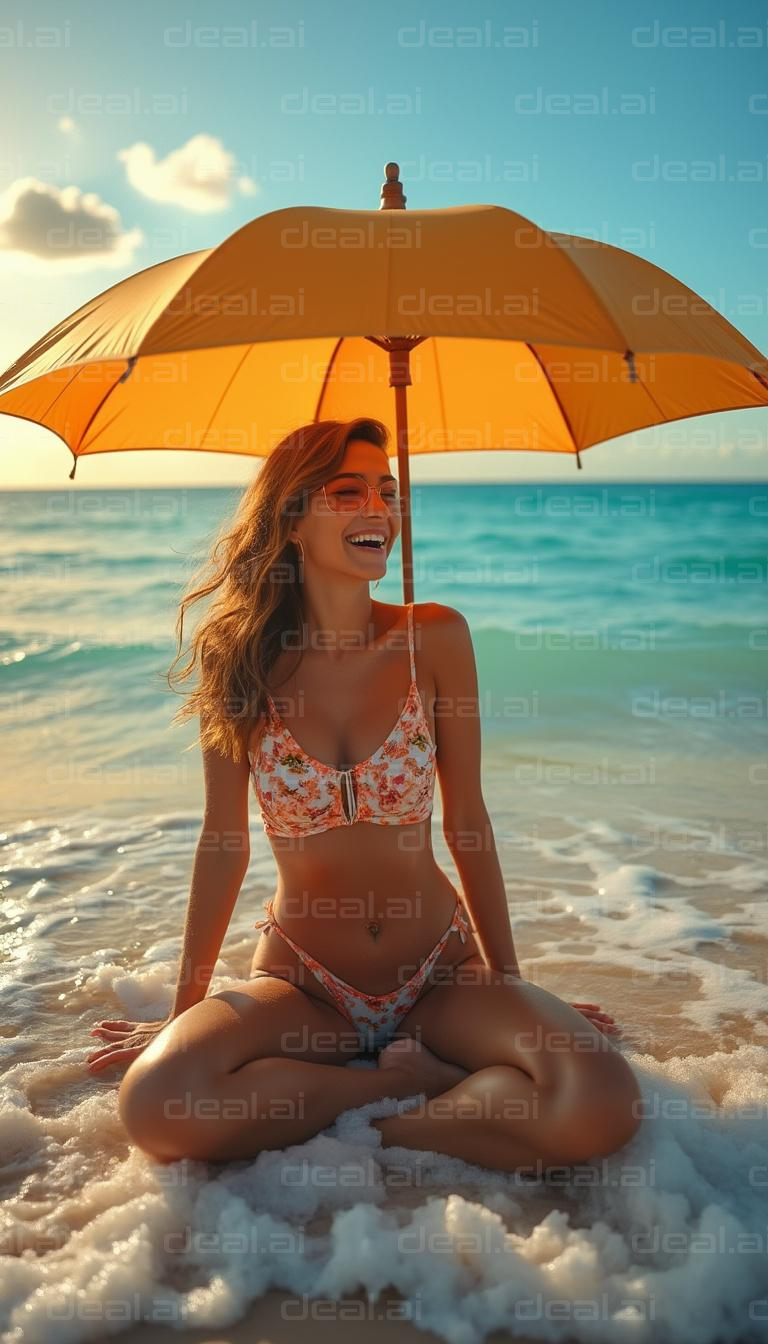 Beach Day Bliss Under an Orange Umbrella