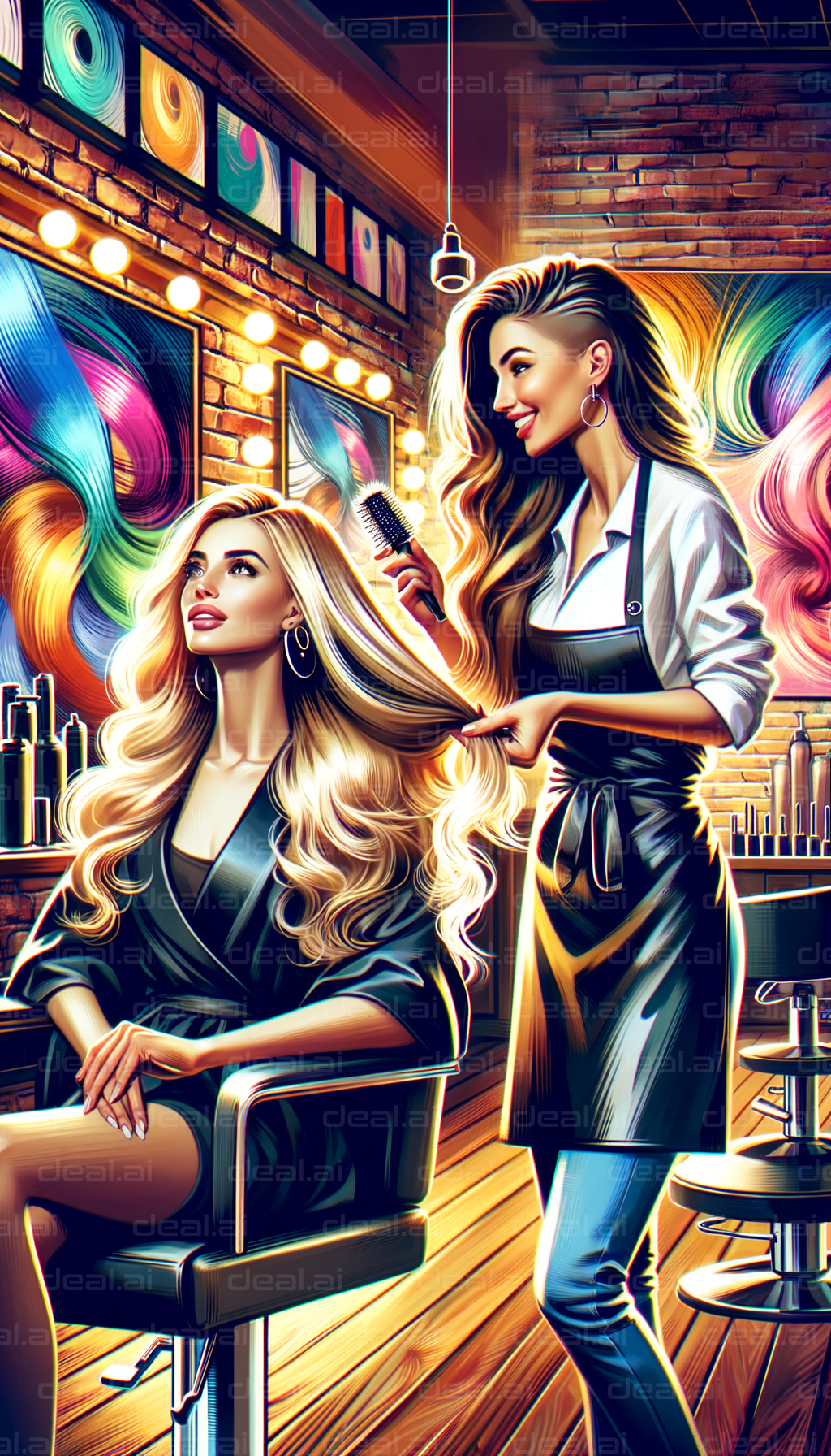 "Vibrant Salon Hair Styling Scene"