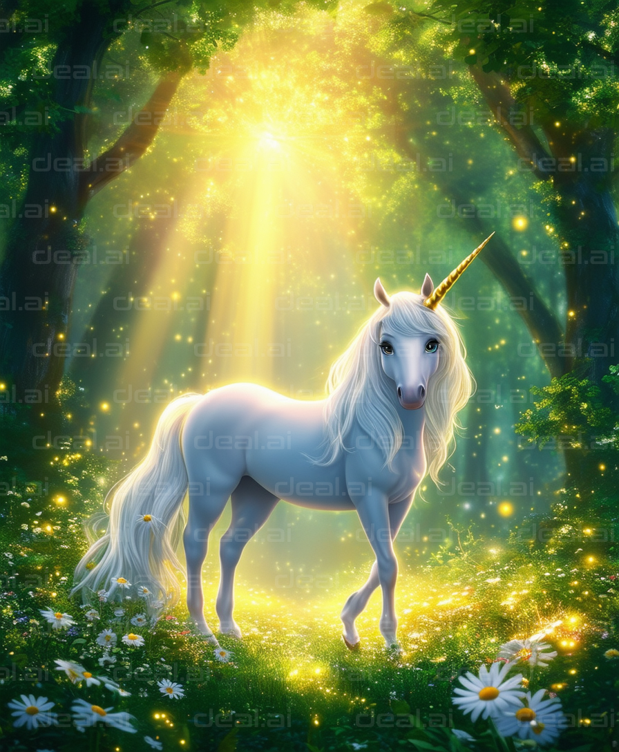 "Enchanted Unicorn in Sunlit Forest"