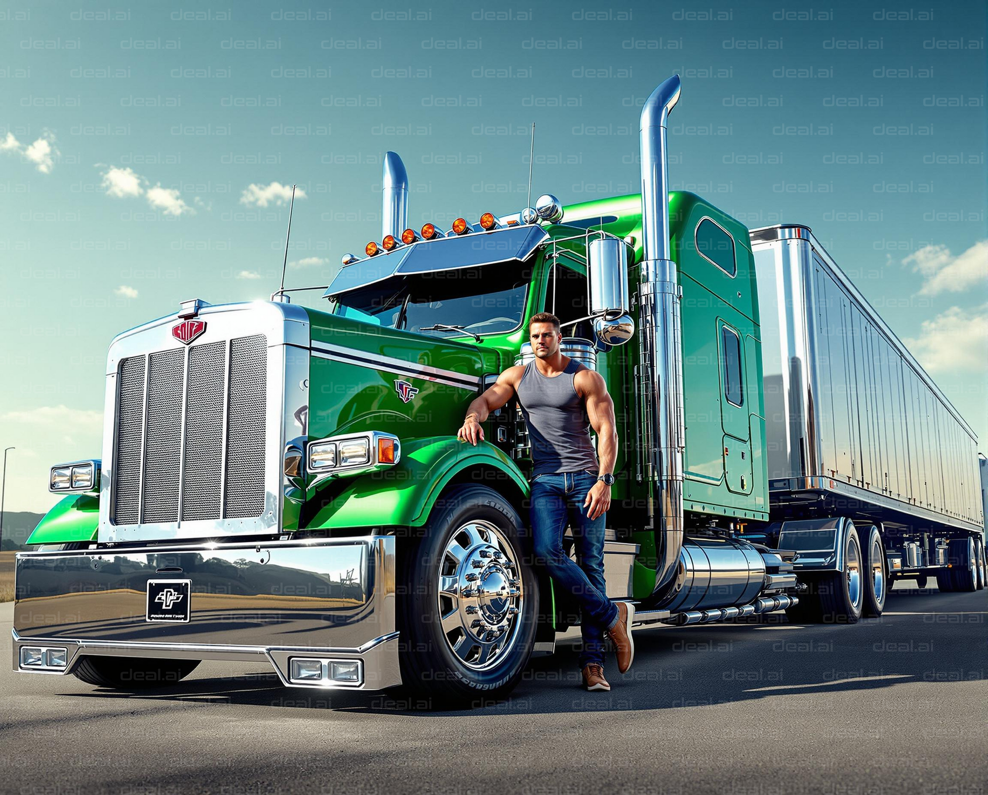 Man and Mighty Green Truck