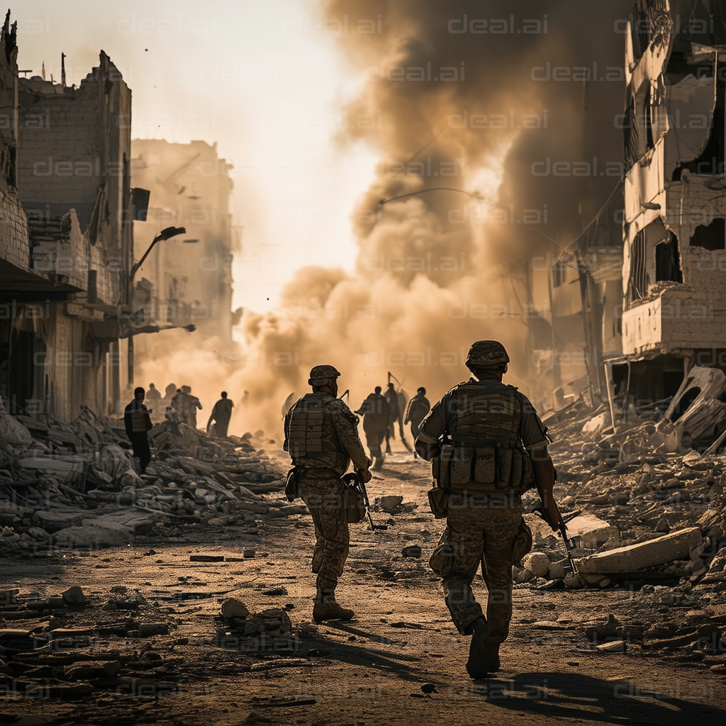 "Soldiers in War-Torn City Street"