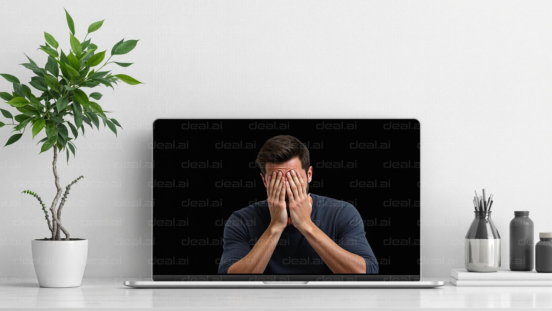 "Stressed Man on Laptop Screen"