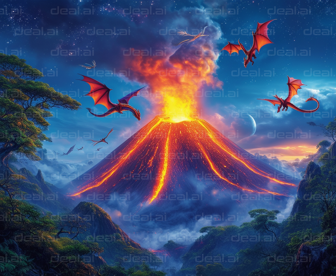 "Dragons over Erupting Volcano Fantasy"