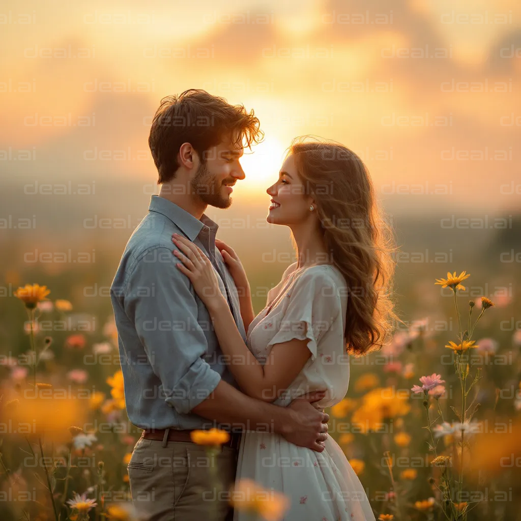 "Sunset Romance in a Flower Field"