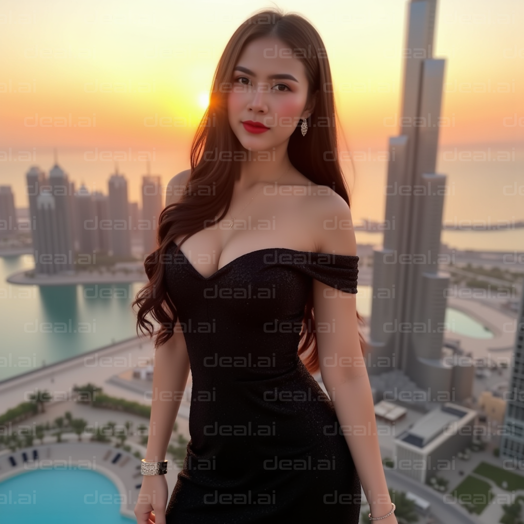 Woman in Black Dress at Sunset Cityscape
