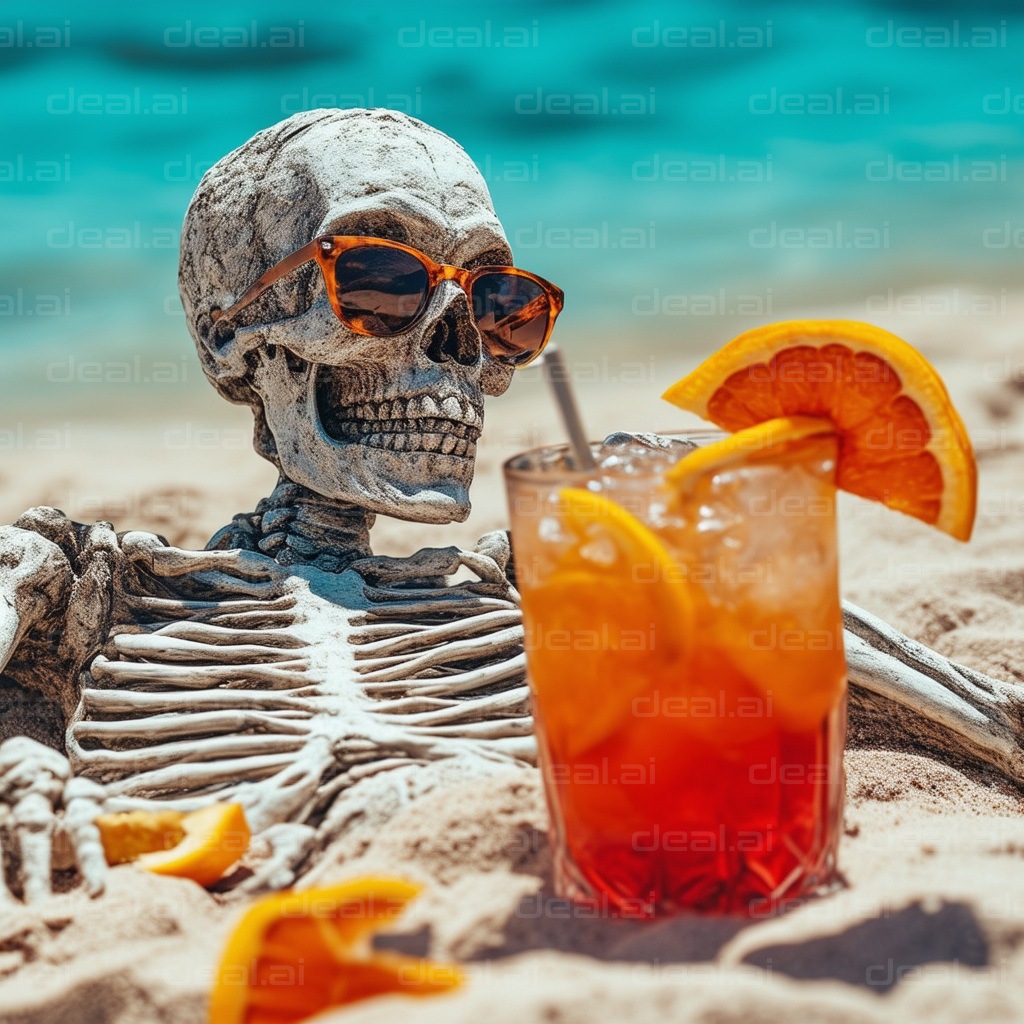 "Skeleton Chillin' Beachside with a Drink"