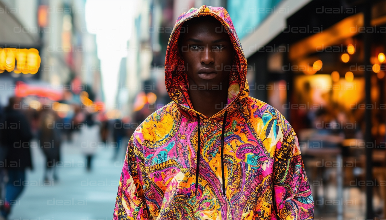 "Vibrant Hoodie in Busy City Street"