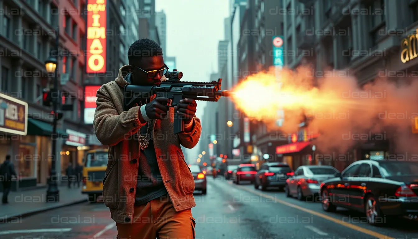 "Intense Street Shootout Scene at Dusk"