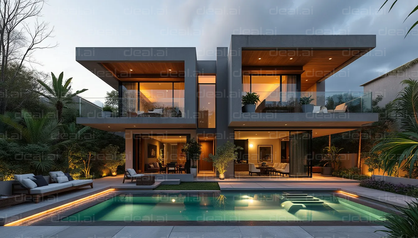 Modern Villa with Pool at Sunset