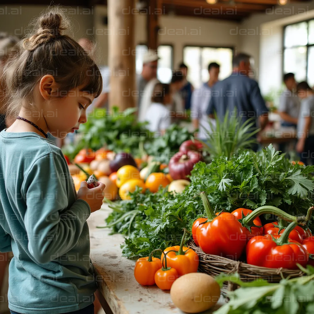 "Child Exploring Farmers Market Vegetables"