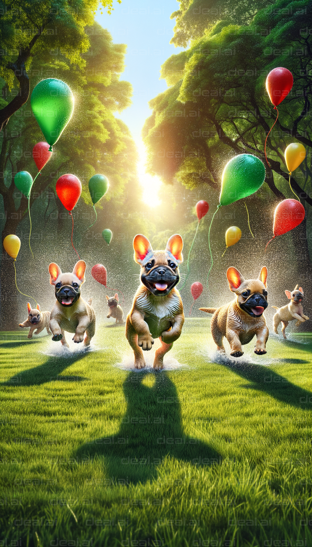 Joyful Puppies Running with Balloons