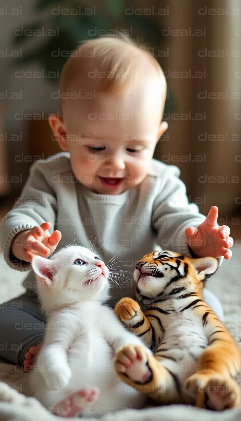 Baby Playing with Kitten and Tiger Cub