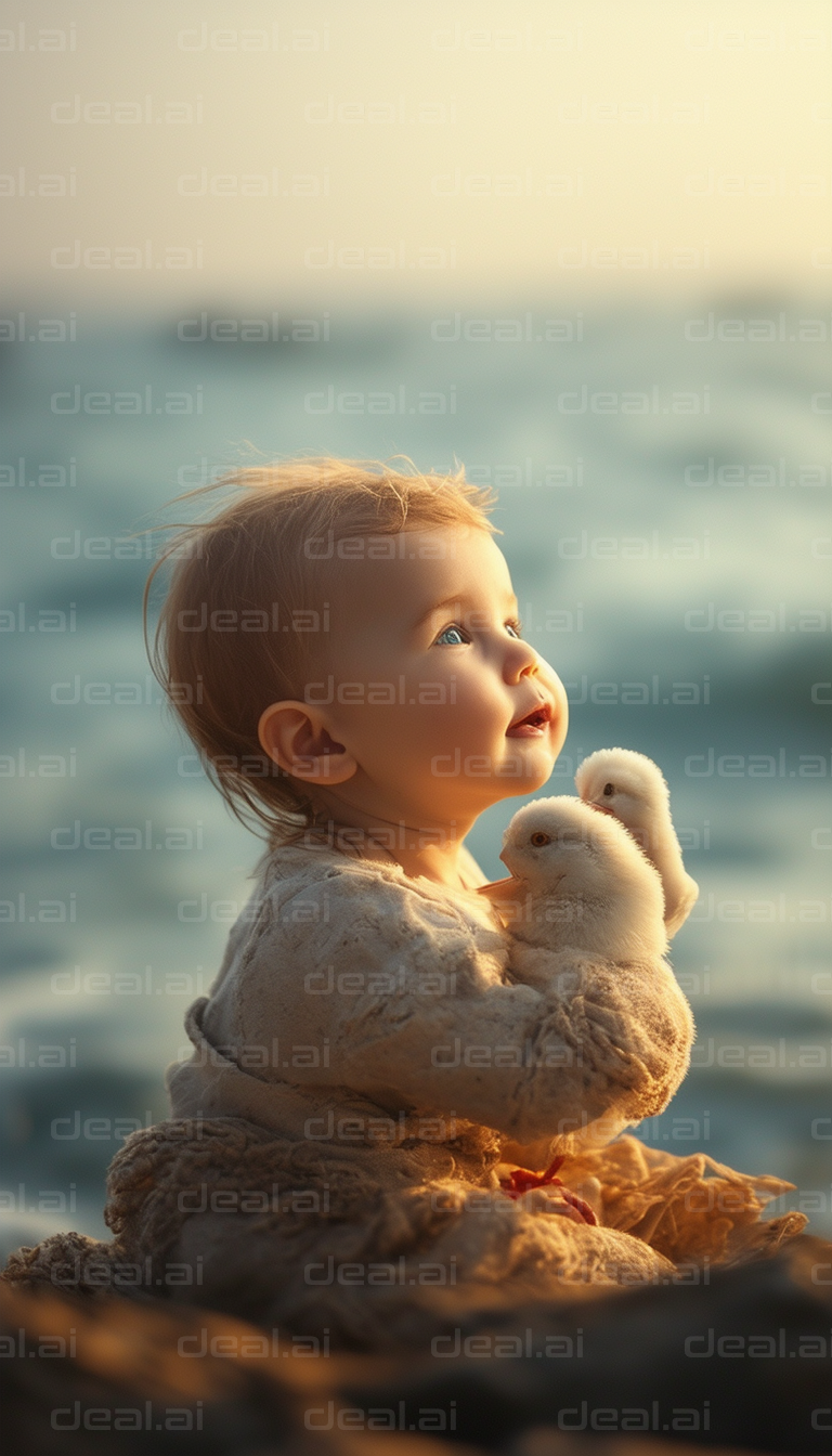 Baby and Chicks by the Sea at Sunset