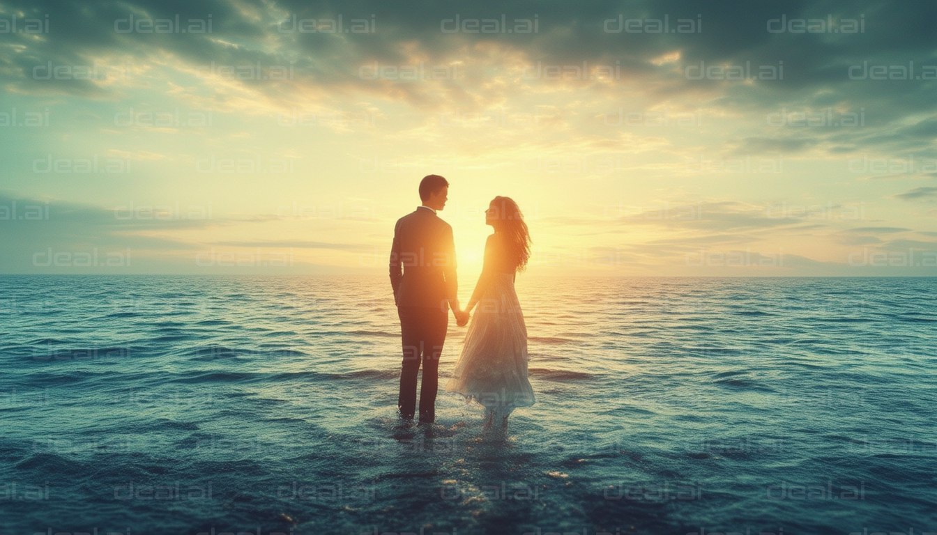 "Couple Holding Hands at Sunset on Sea"