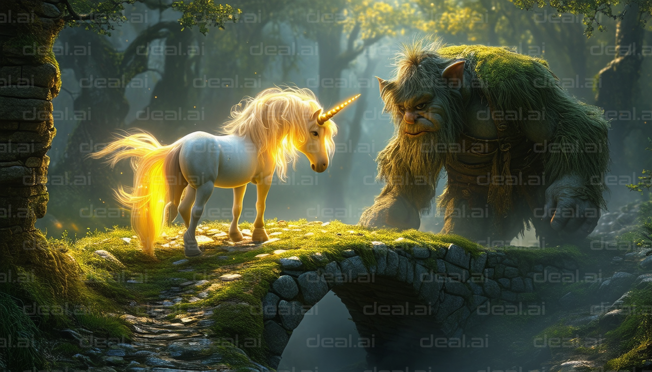 Unicorn and Troll Meet on Mystical Bridge