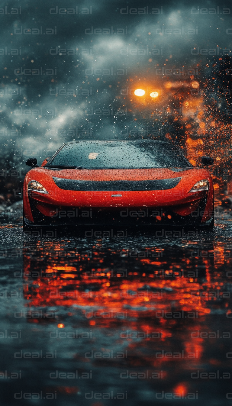 Rain-Soaked Supercar in Fiery Lights