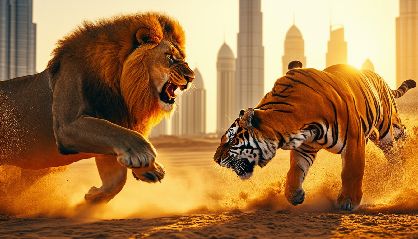 Lion and Tiger Clash in Urban Desert