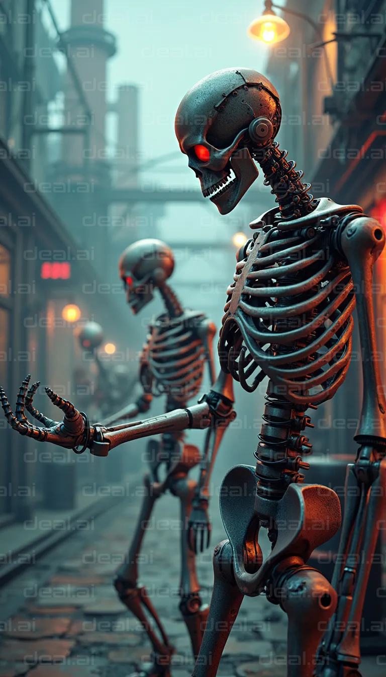 "Robotic Skeletons in Neon Alley"