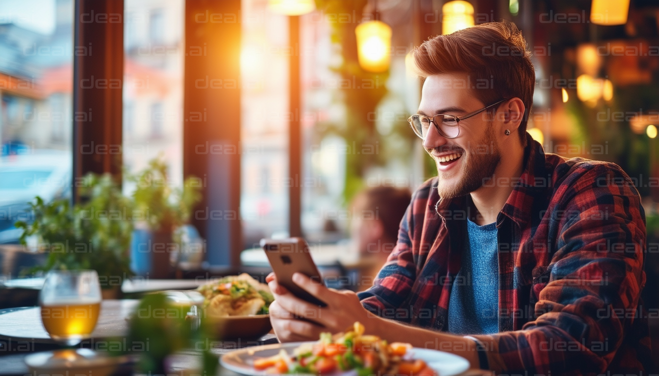 Smiling Man Enjoys Phone at Cozy Café