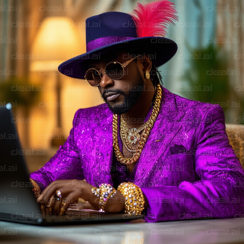 "Stylish Gentleman in Purple Suit at Laptop"