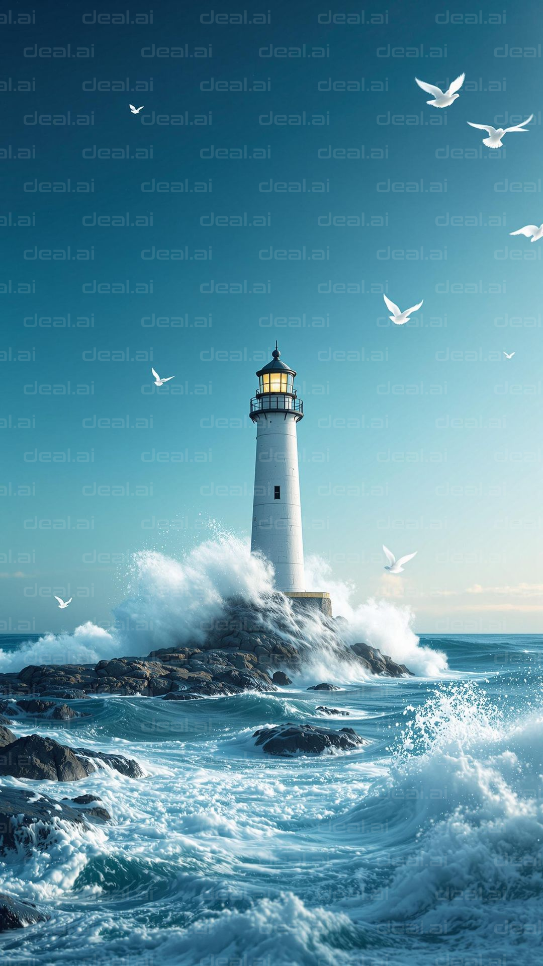 "Majestic Lighthouse and Waves"