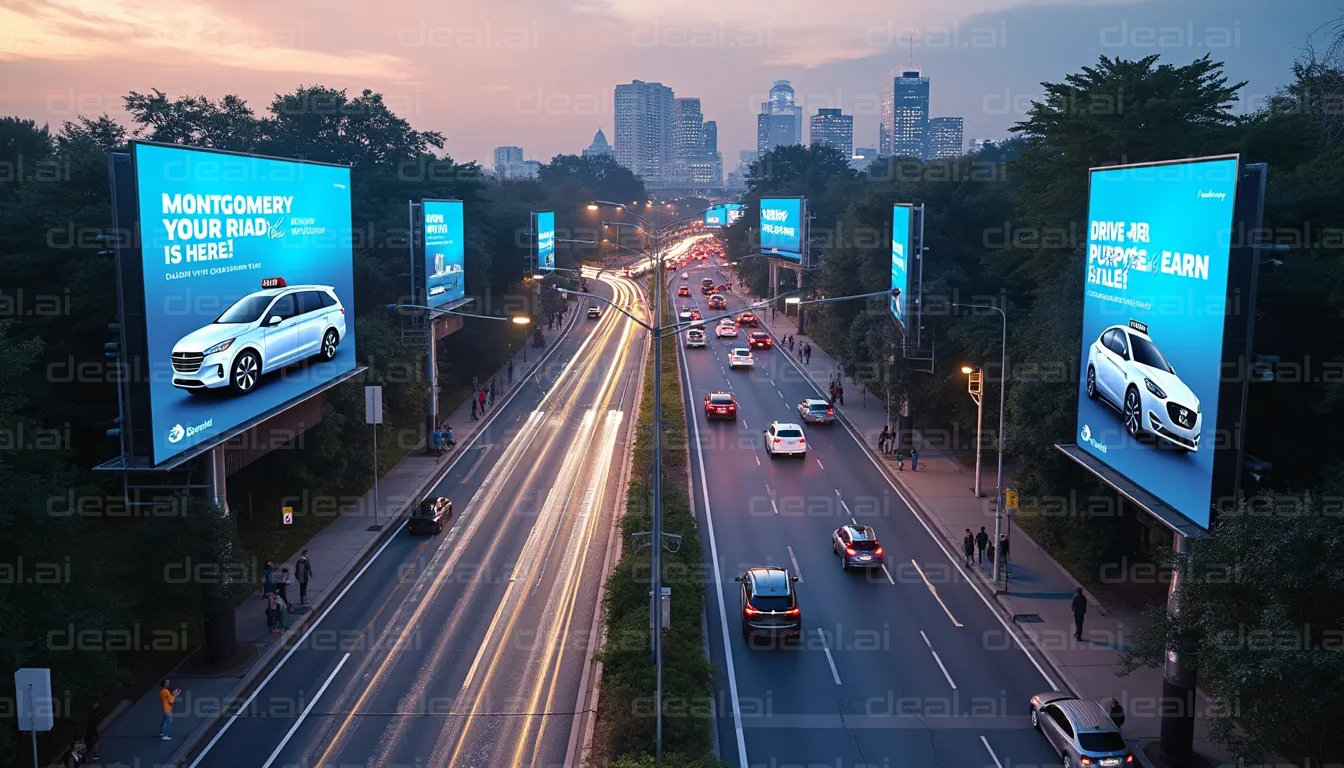 City Roadway with Evening Traffic and Ads