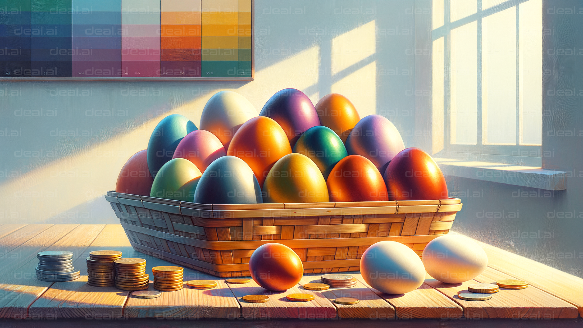 "Vibrant Eggs in Sunlit Basket"
