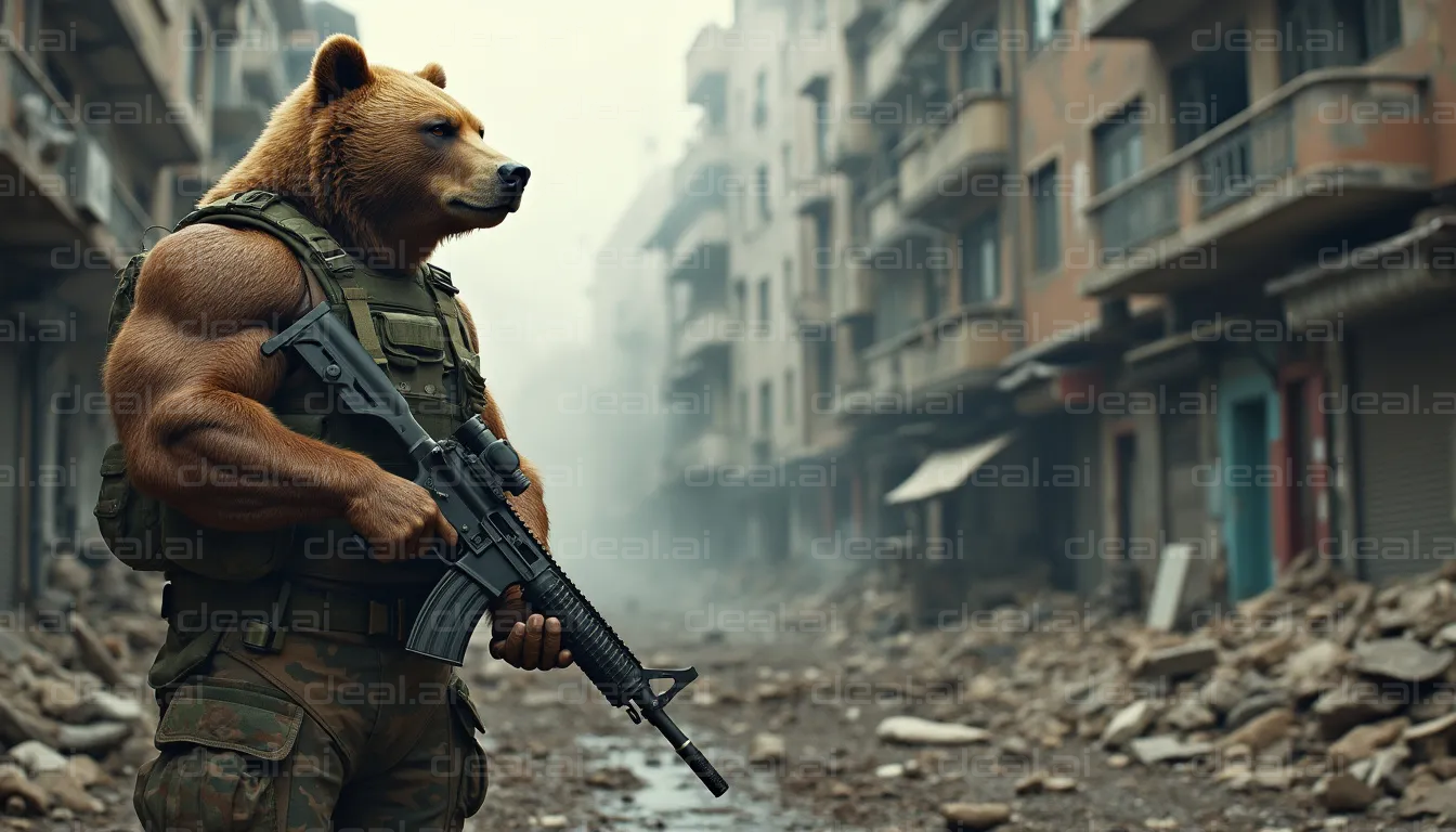 Bear Soldier in a War-Torn City