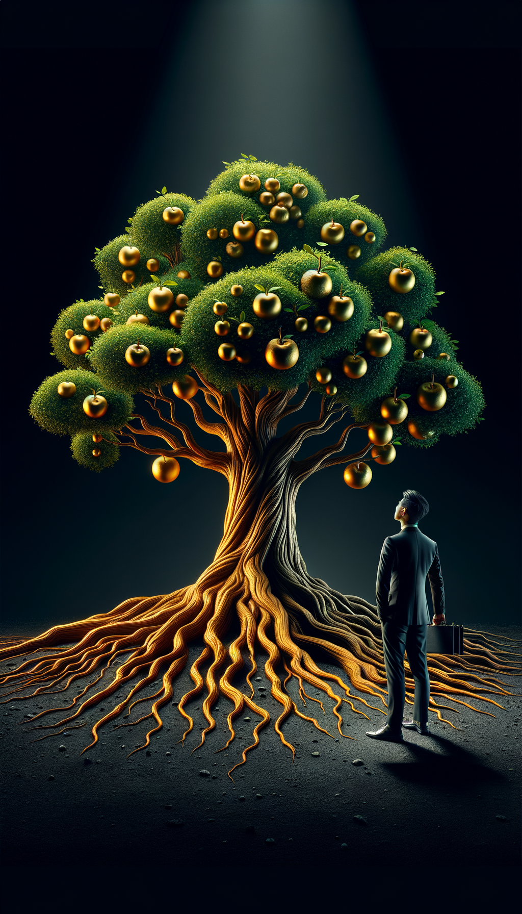 Businessman Gazing at Golden Apple Tree