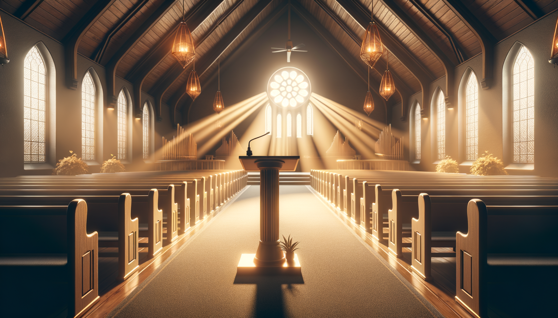 Sunlit Church Interior with Empty Pews