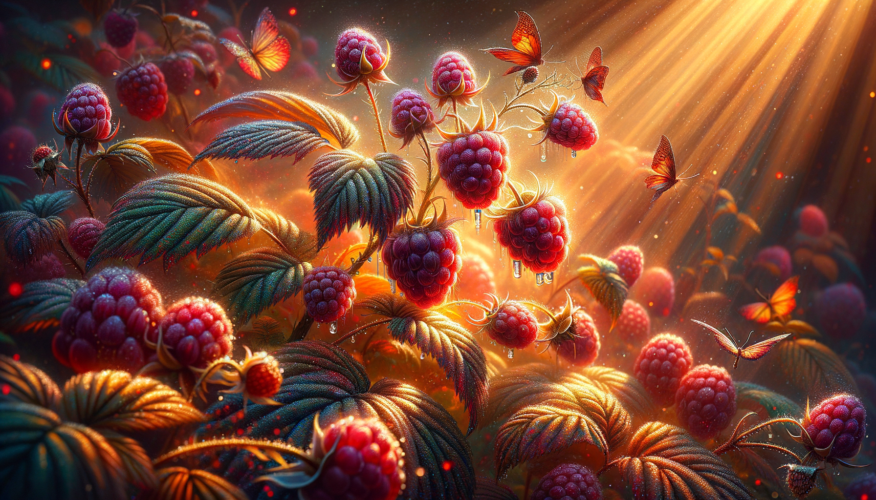 "Sunlit Raspberries and Butterflies"