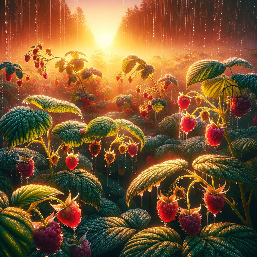 "Raindrops on Raspberry Field at Dawn"