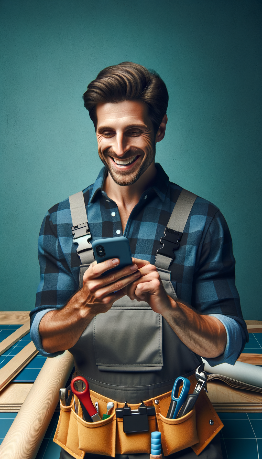 Handyman Smiling at Phone