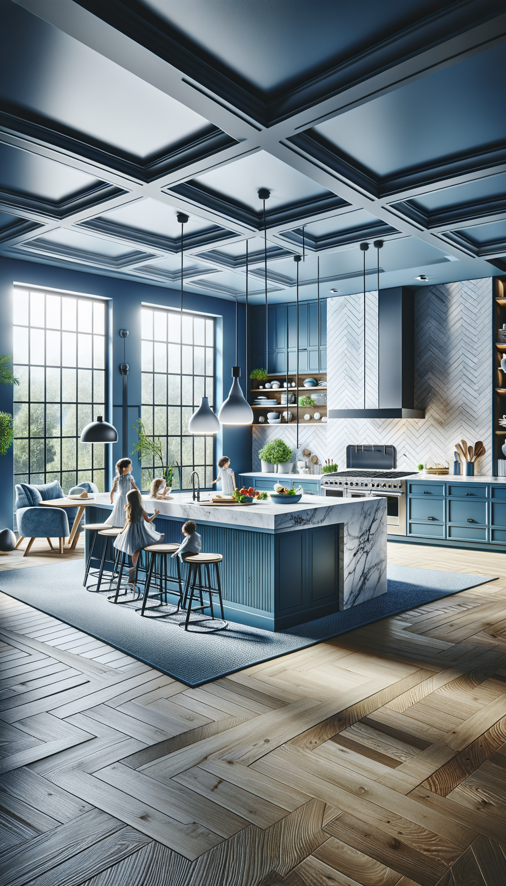 Modern Blue Kitchen with Family Gathering