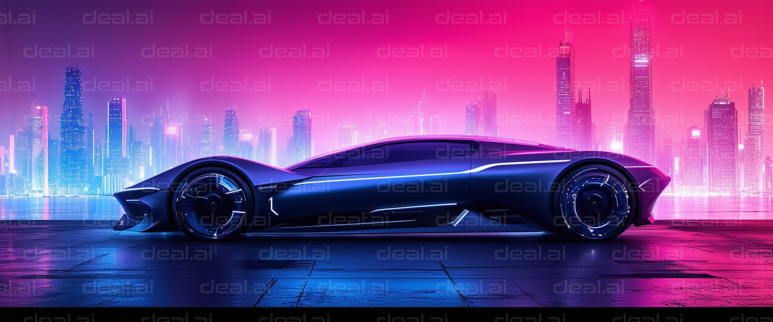 "Futuristic Car with Neon Skyline"