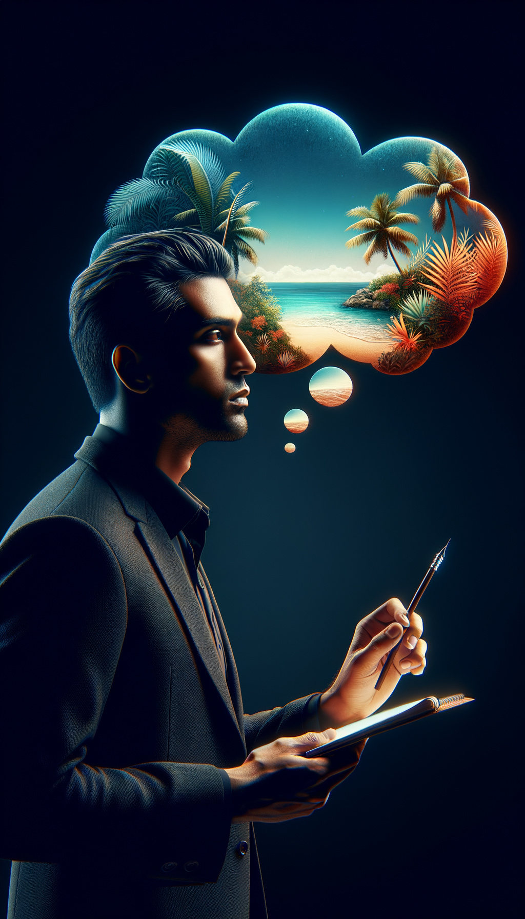 Man Dreaming of Tropical Paradise Scene