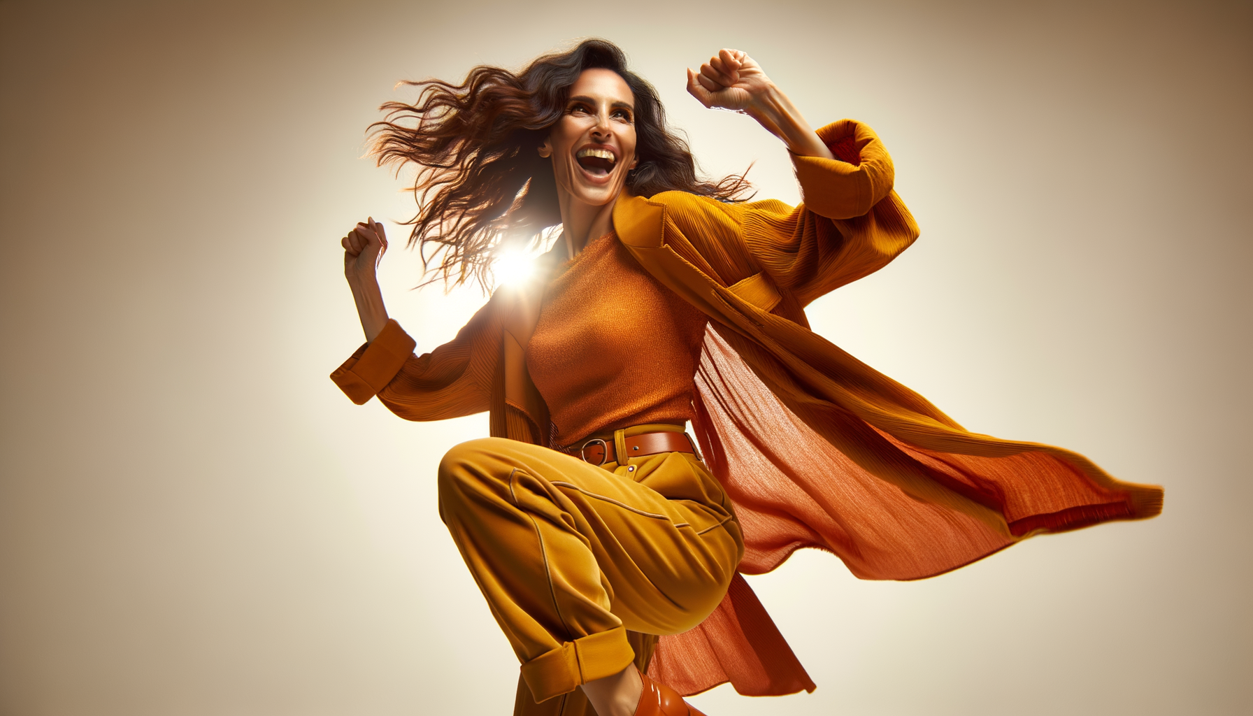 Joyful Woman Jumping in Bright Outfit