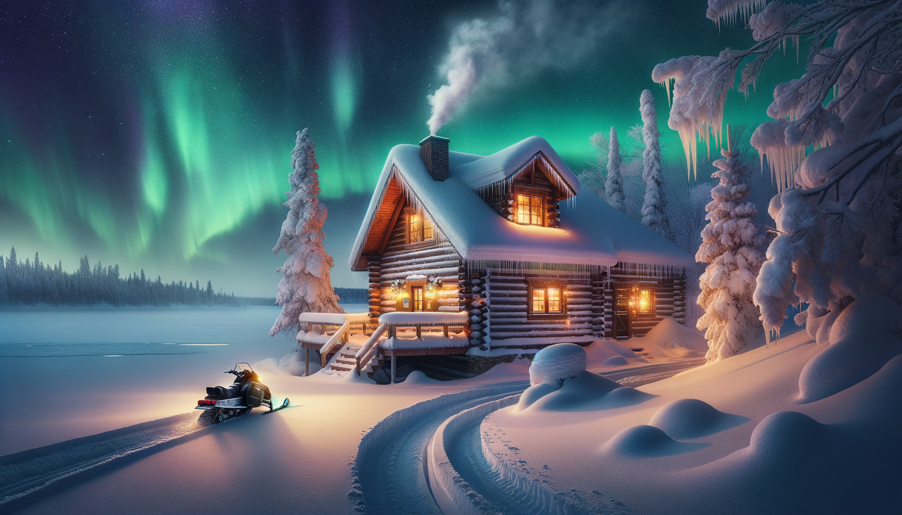 "Snowy Cabin Under Northern Lights"