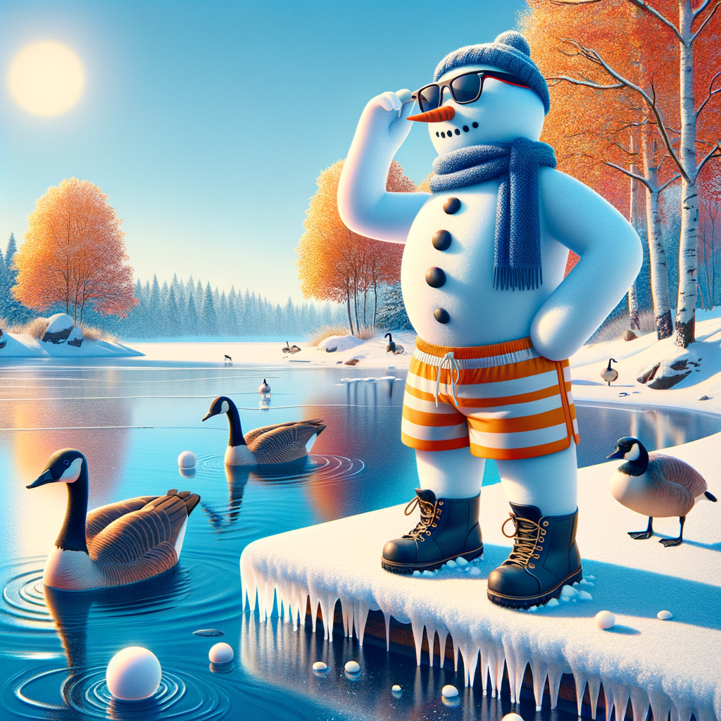 "Snowman in Shorts by Icy Lake"