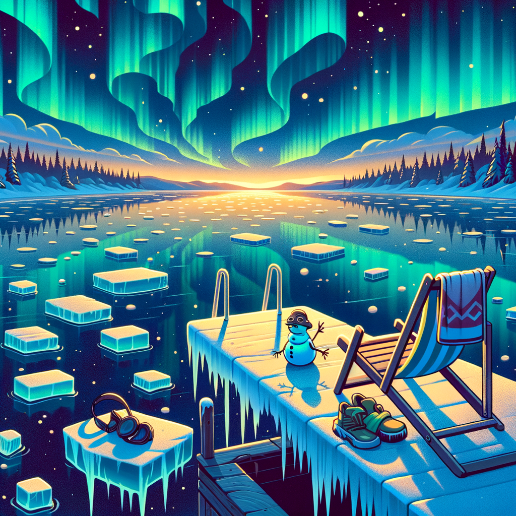 "Snowman’s Aurora Dream by the Frozen Lake"