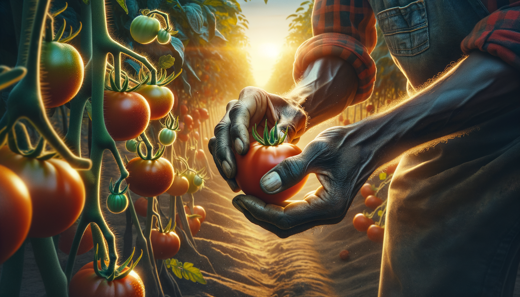 Harvesting Fresh Tomatoes at Sunrise