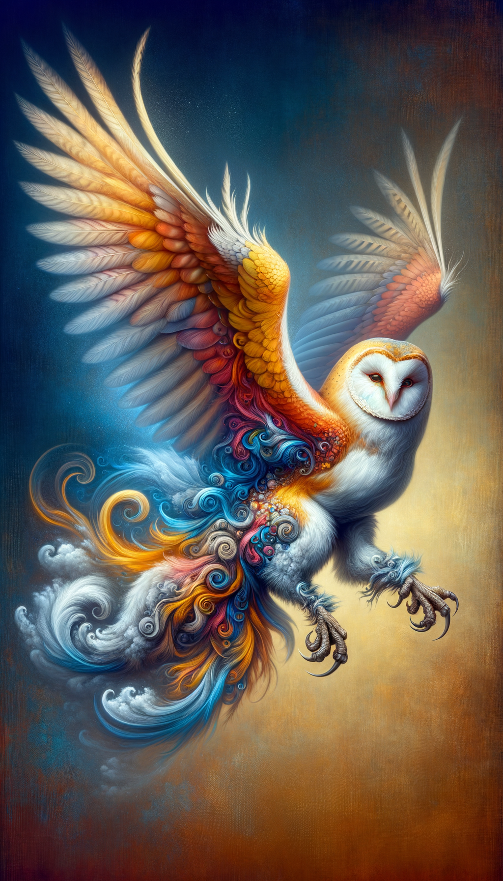 "Majestic Rainbow Owl in Flight"