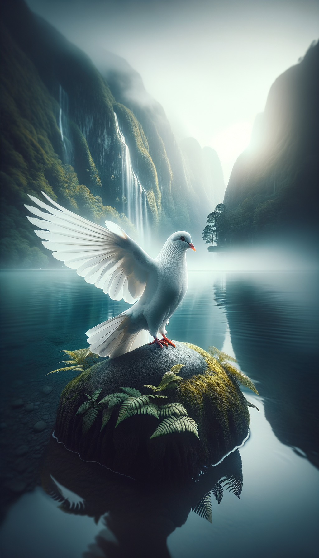 "Dove in Mystical Waterfall Scenery"