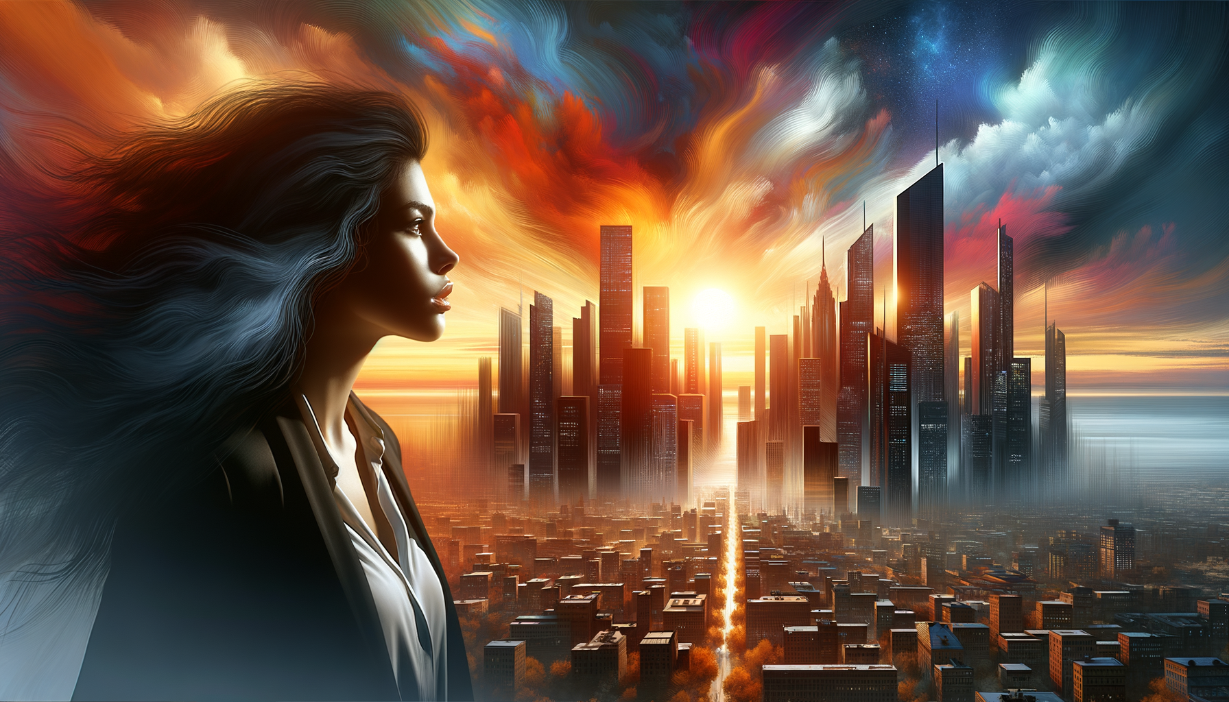 Woman Gazing at Surreal Cityscape