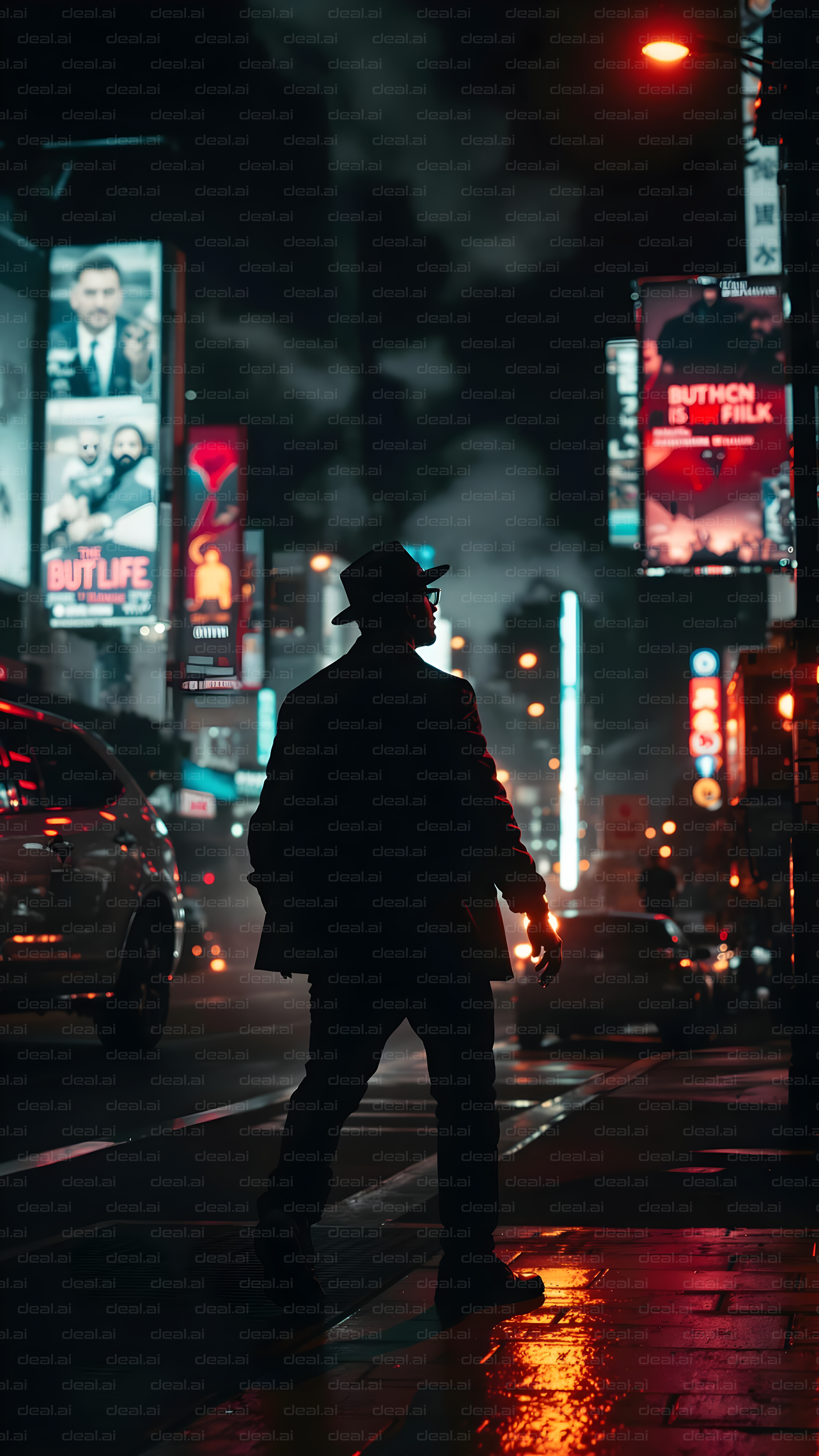 Silhouette in Neon City Nightscape