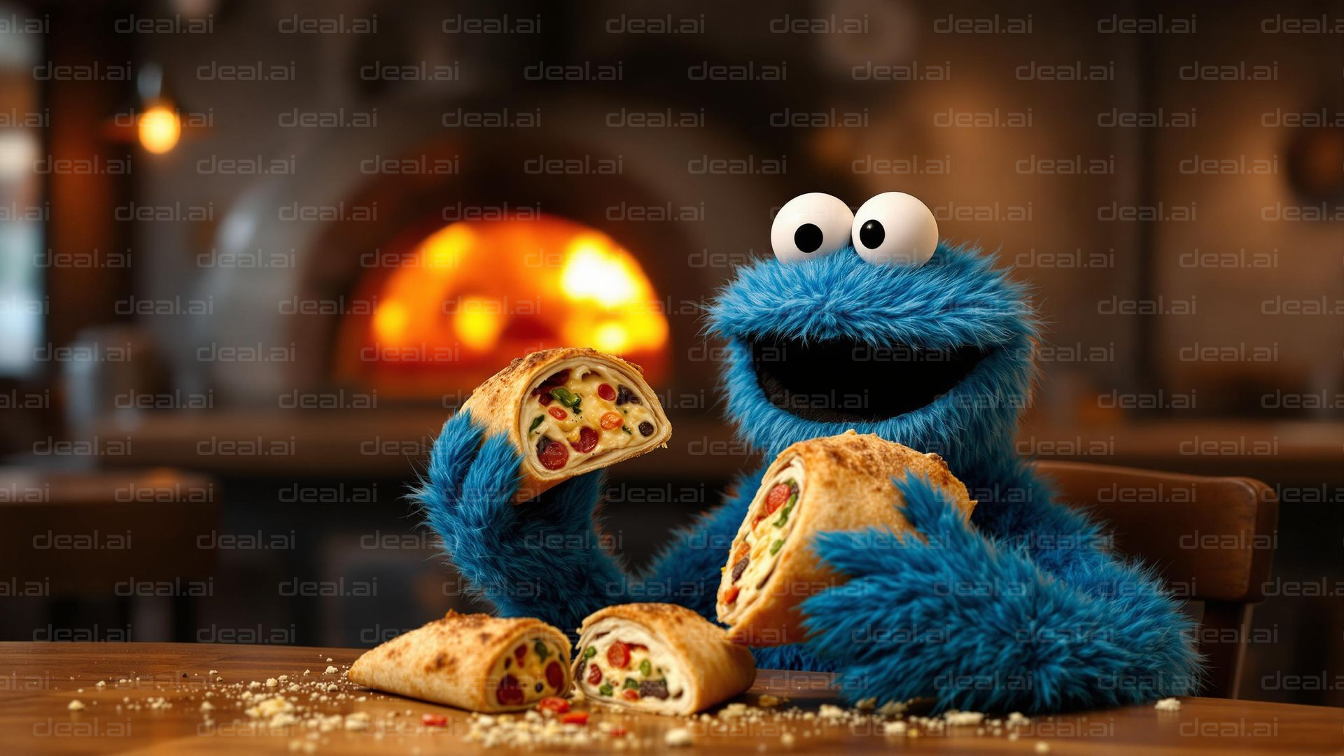 Blue Monster Enjoys a Calzone Feast