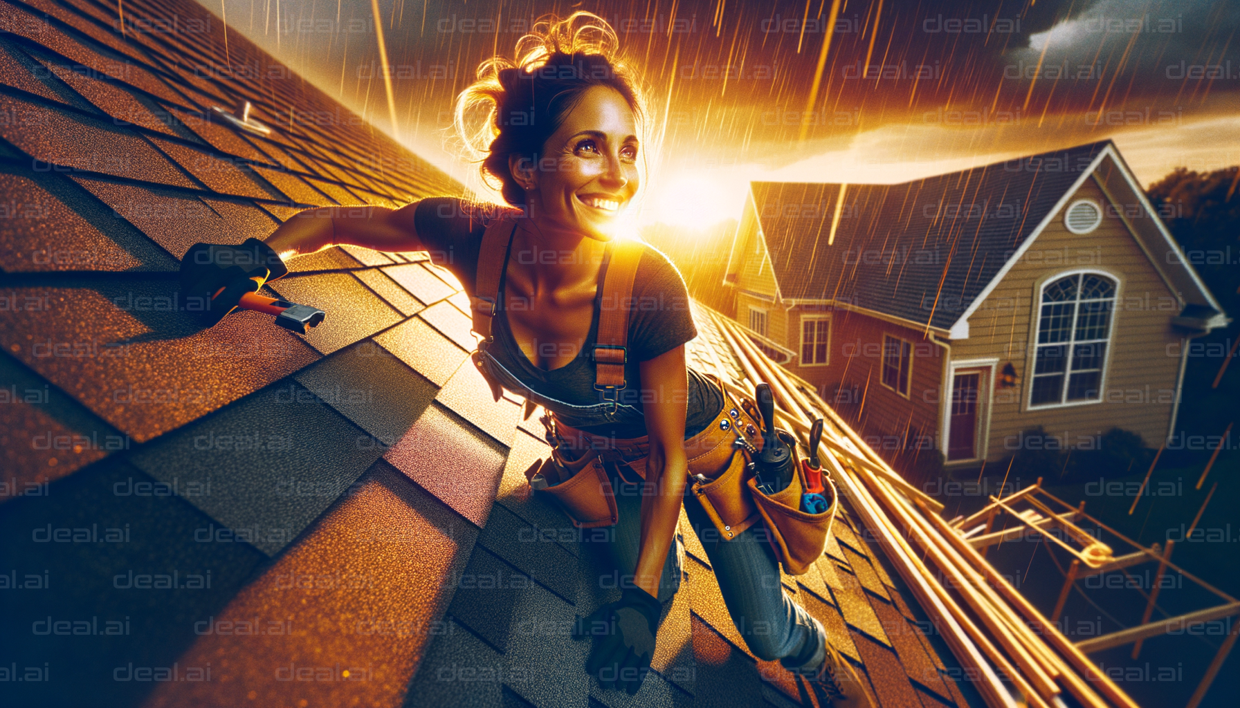 "Smiling Roofer at Work in the Rain"