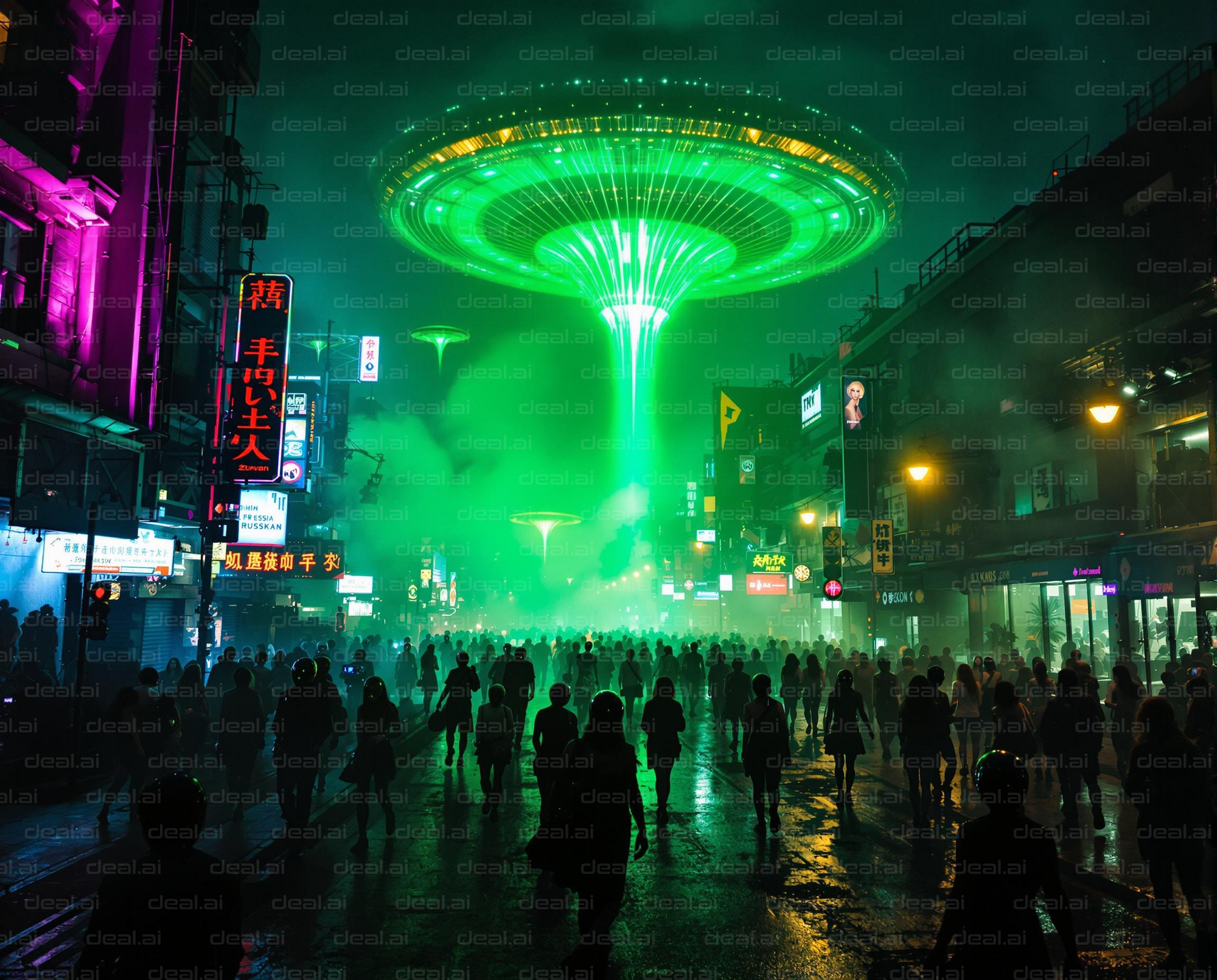 "Neon Encounter in Futuristic Cityscape"