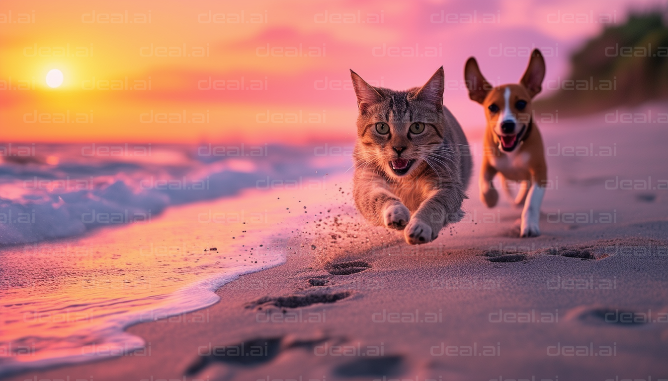 "Cat and Dog Running on Sunset Beach"