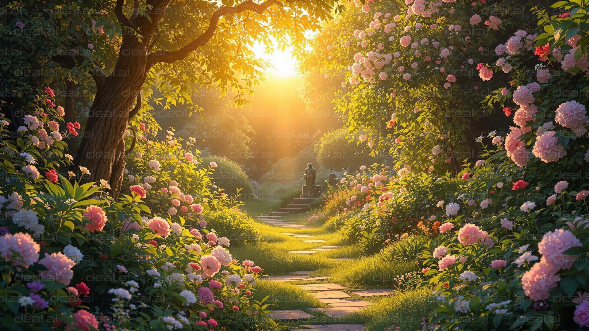 "Sunlit Garden Pathway with Flowers"